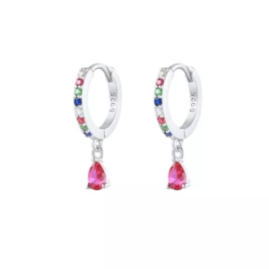 Argola click Prata 925 cravejada colorida com pingente gota Pink