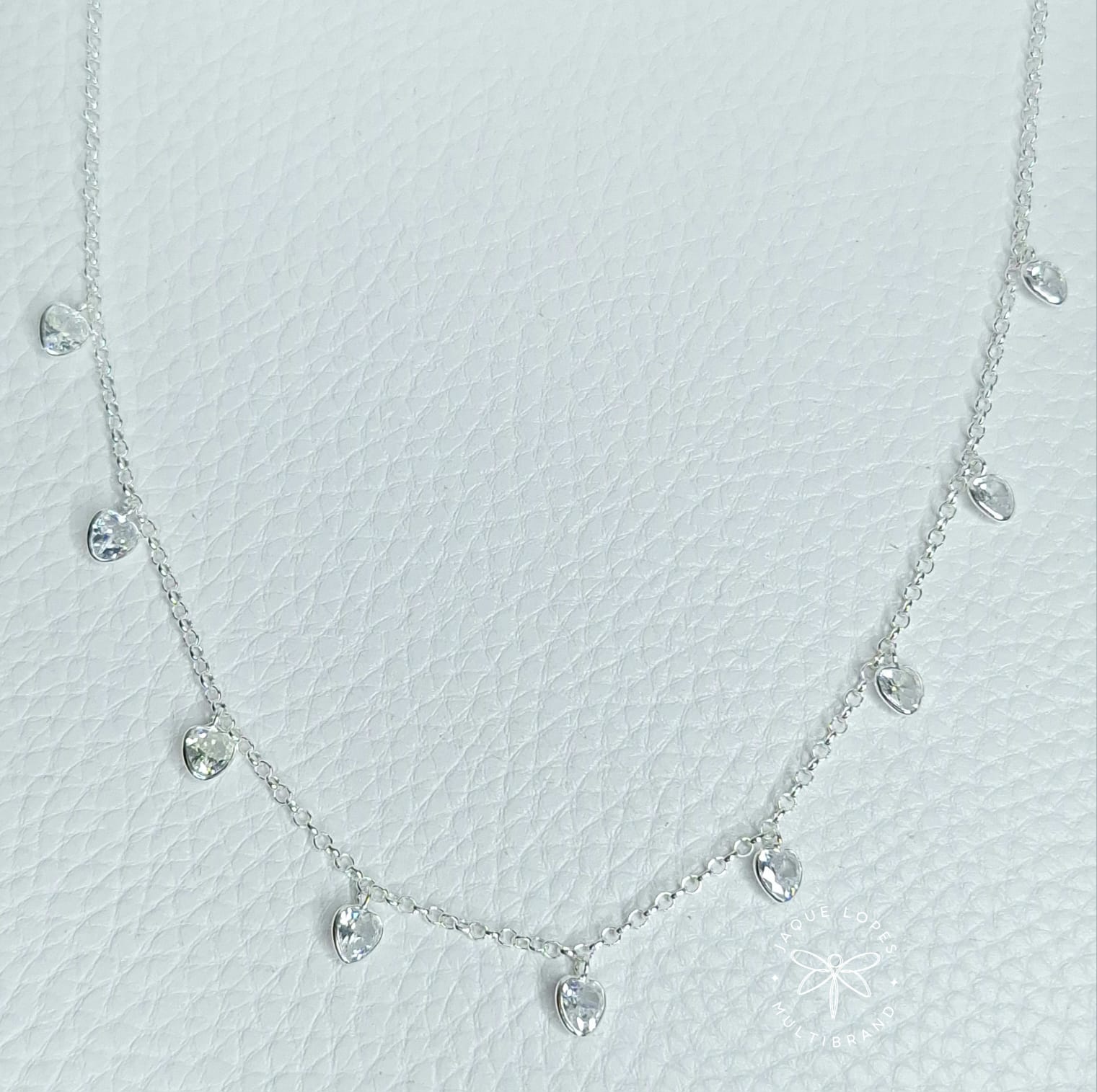 Chocker Prata 925 zircônias corações pendurados