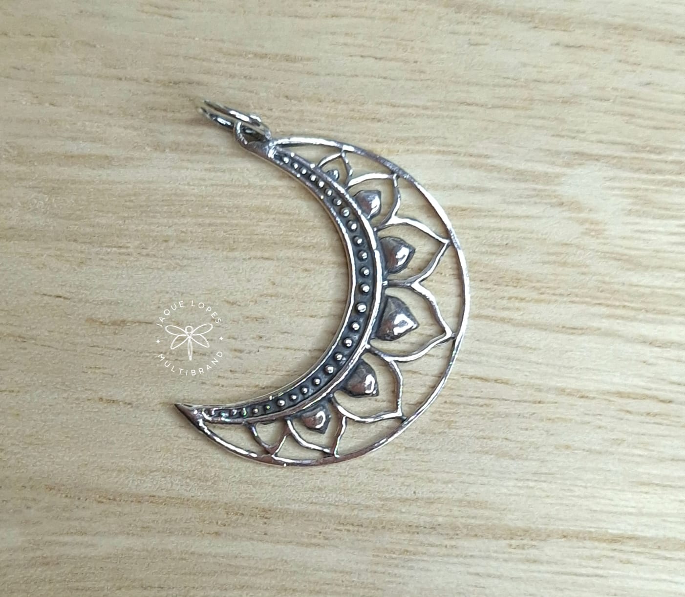 Pingente Prata 925 Envelhecida Lua detalhada Bali 28mm